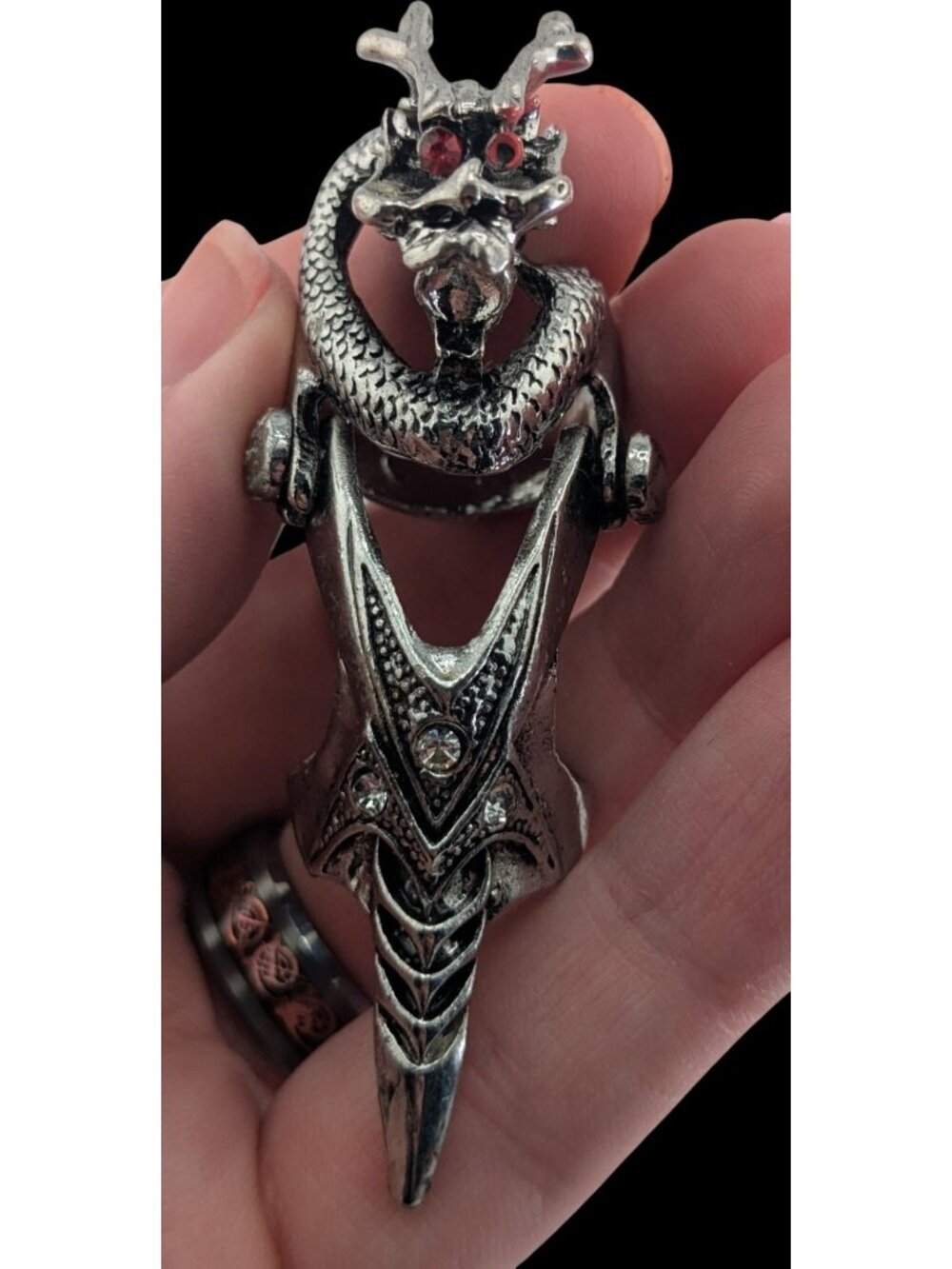 Gothic Y2K Dragon Armor Articulated Statement Ring Rhinestone Silver Tone